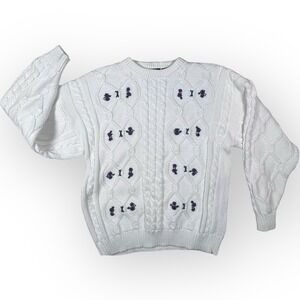Northern Reflections Sweater Women White Cable Cottage Vtg Embroidered Flower‎ L